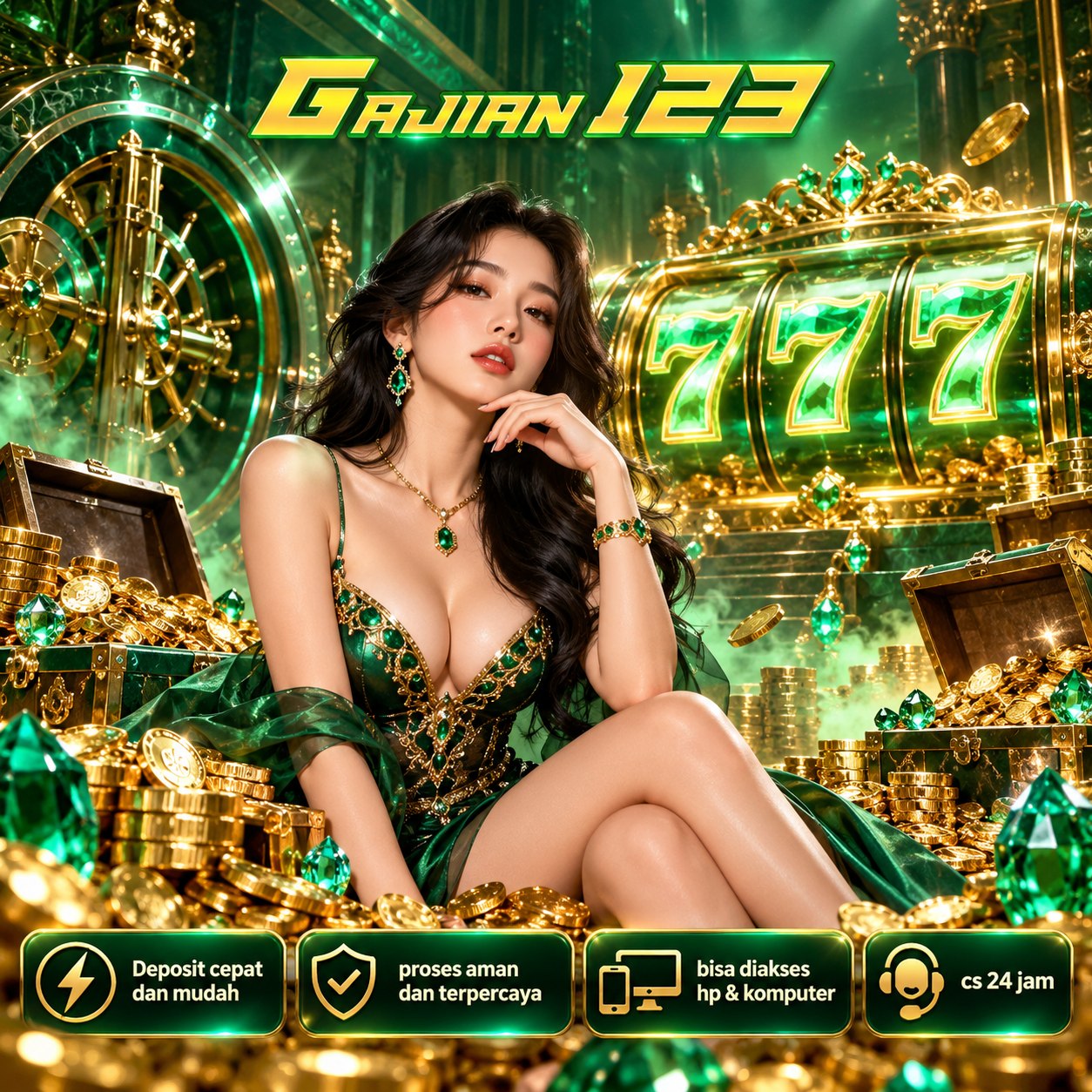 Banner GAJIAN123 bertema hijau dan emas dengan ilustrasi game digital