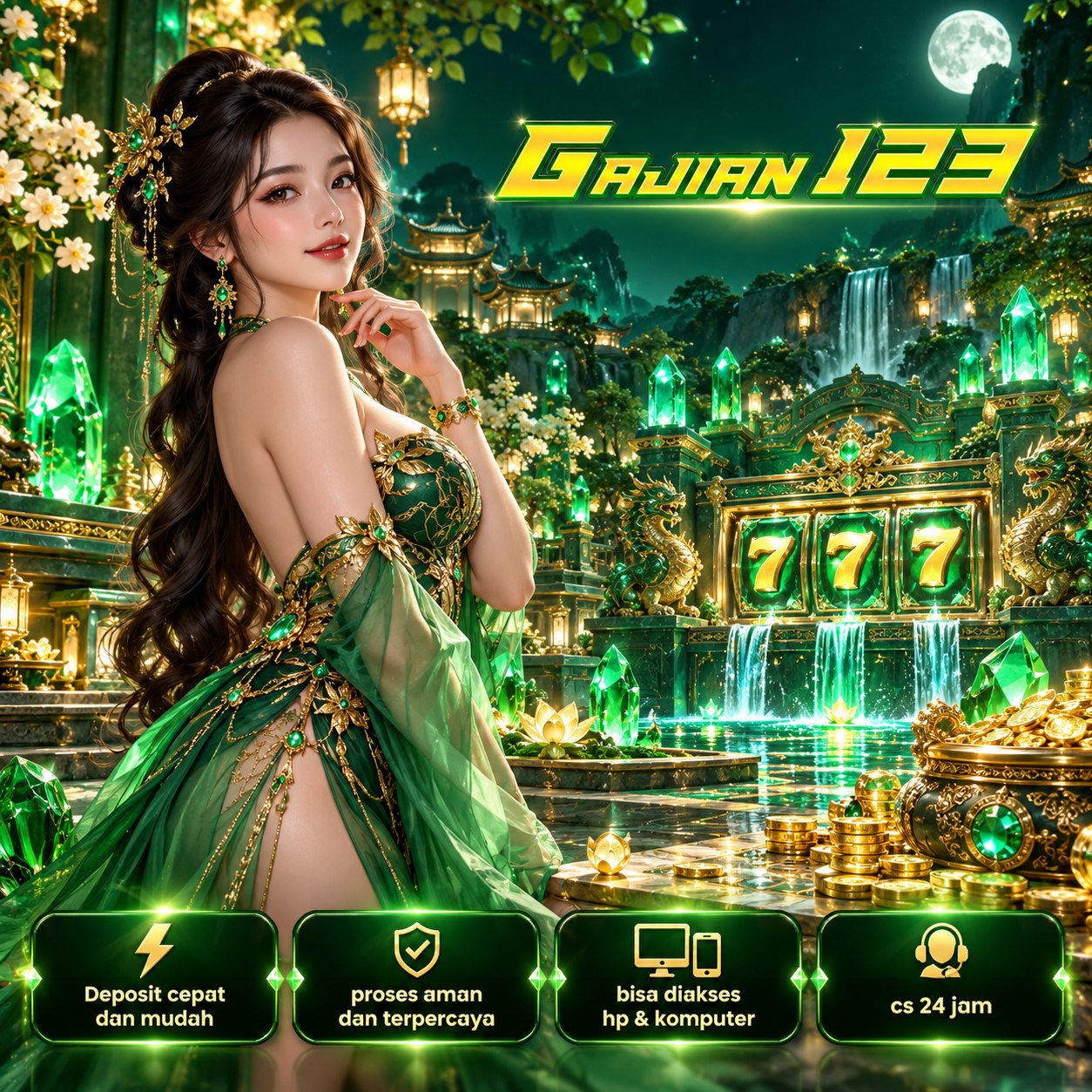 Ilustrasi GAJIAN123 2: suasana visual game hijau dan emas